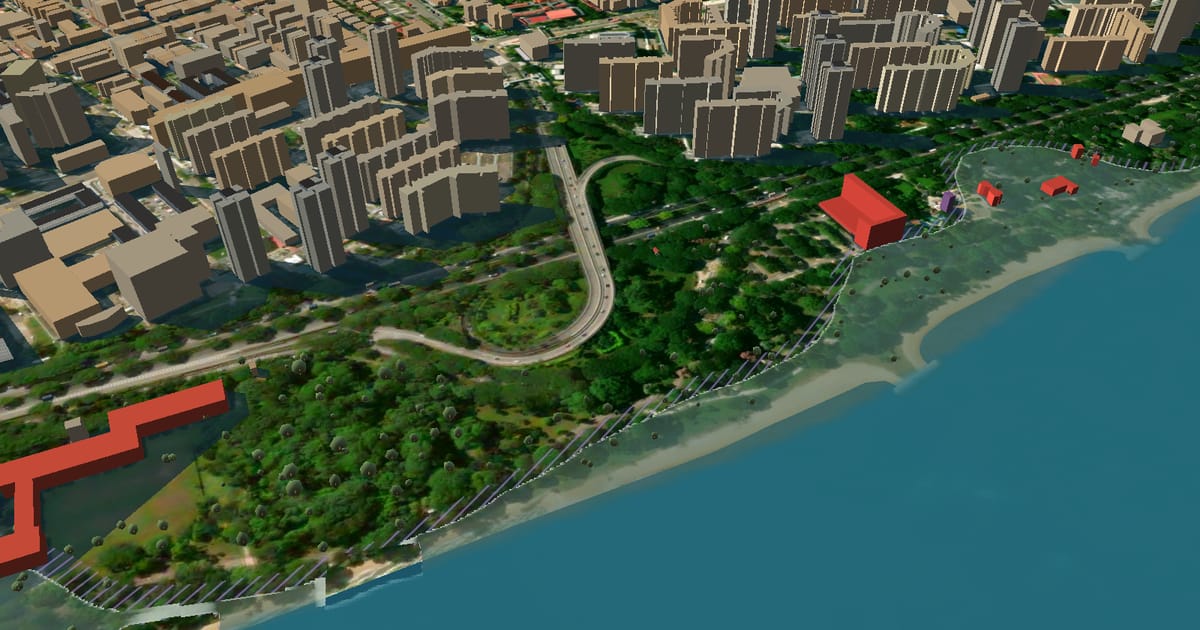 East Coast Park, Singapore, at street level on the 3D map with the sea 1.15 m higher: shallow floodwater over the beach and park.