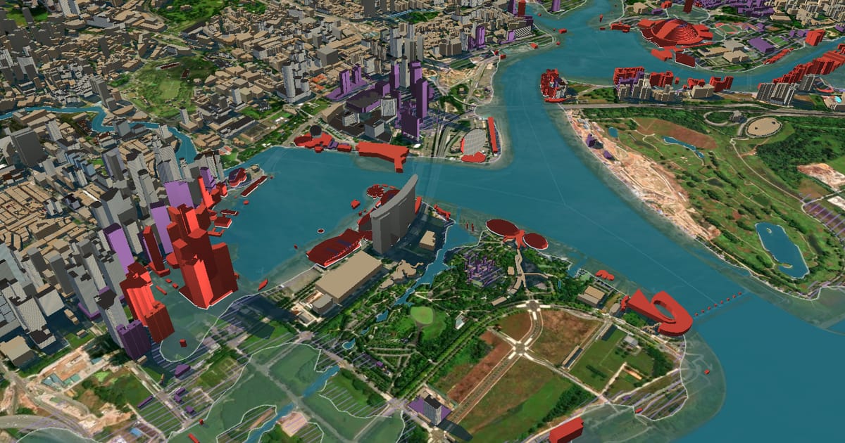 3D map of Marina Bay, Singapore, with the sea 2 m above today's level. Buildings reached by the water are red; uncertain ones are violet.
