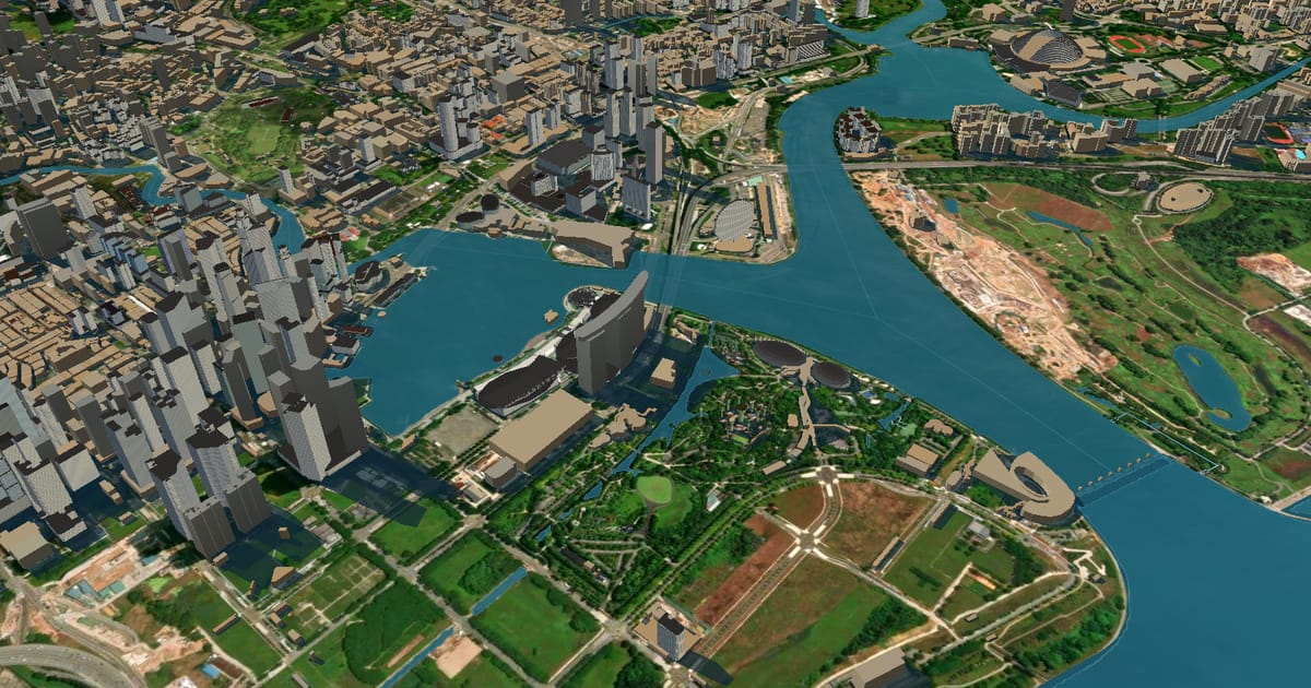 Marina Bay, Singapore, at today's sea level on the 3D map: all buildings dry.