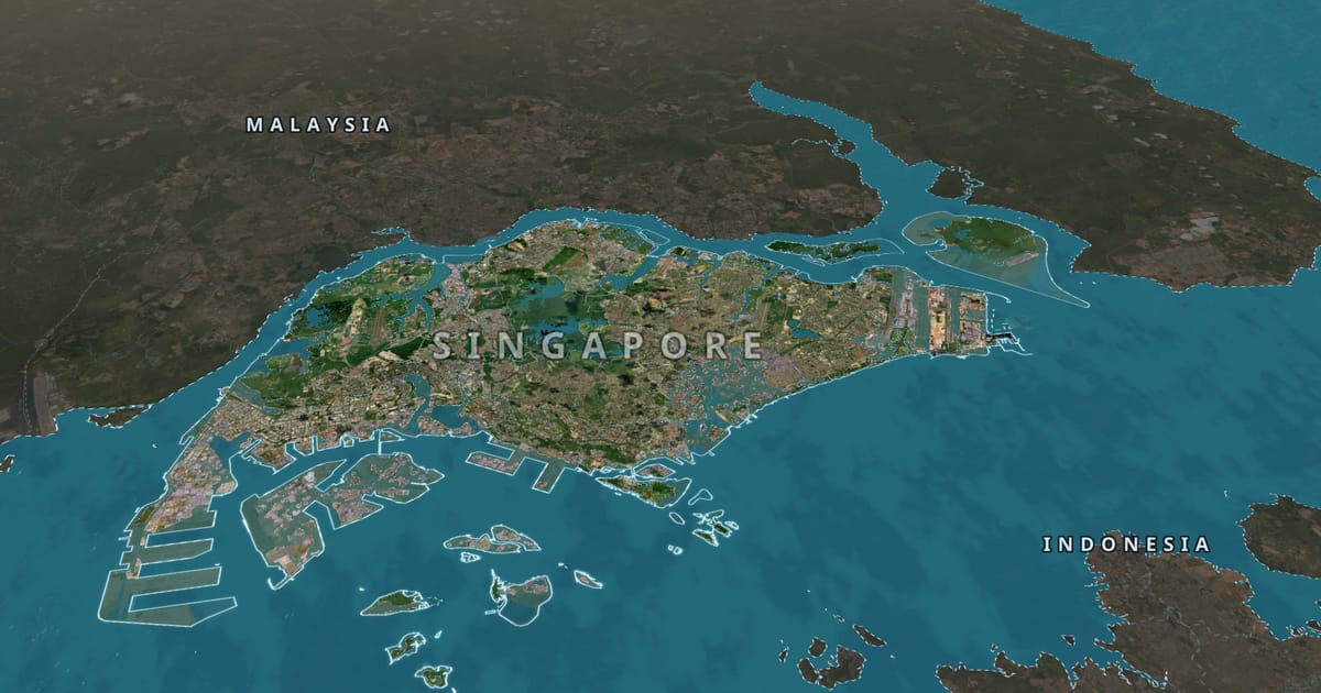 Overview of Singapore on the 3D map with the sea 4 m above today's level.